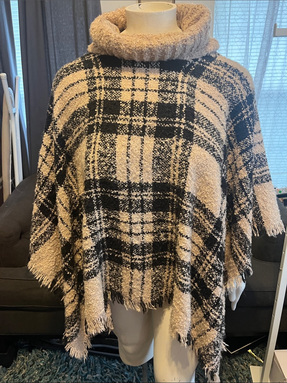Plaid Turtleneck Poncho in Black & Cream